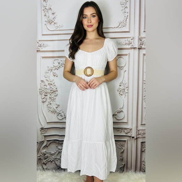 Cameilla Dresses & Skirts - White Puff Sleeve Midi Dress with Tan Belt